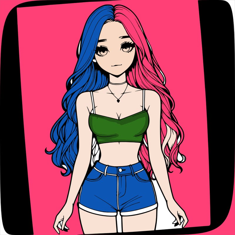 a realistic girl with long hair and in a crop top and shprts