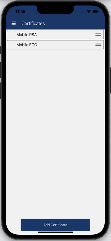 Jellyfish Mobile - Interface of the Jellyfish Mobile app showing a list of security certificates like Mobile RSA and Mobile ECC with an option to add new ones