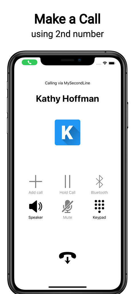 An active call interface in the MySecondLine app showing the contact name and calling options