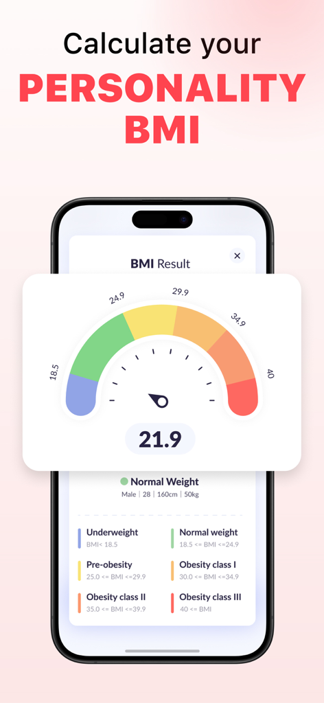 BMI calculator screen showing a normal weight result on a gauge within the Heart Rate Monitor Pulse app