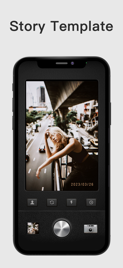 Interfaz de la aplicación CCD CAM mostrando una plantilla de historia de cámara digital retro con una foto con filtro vintage y sello de fecha