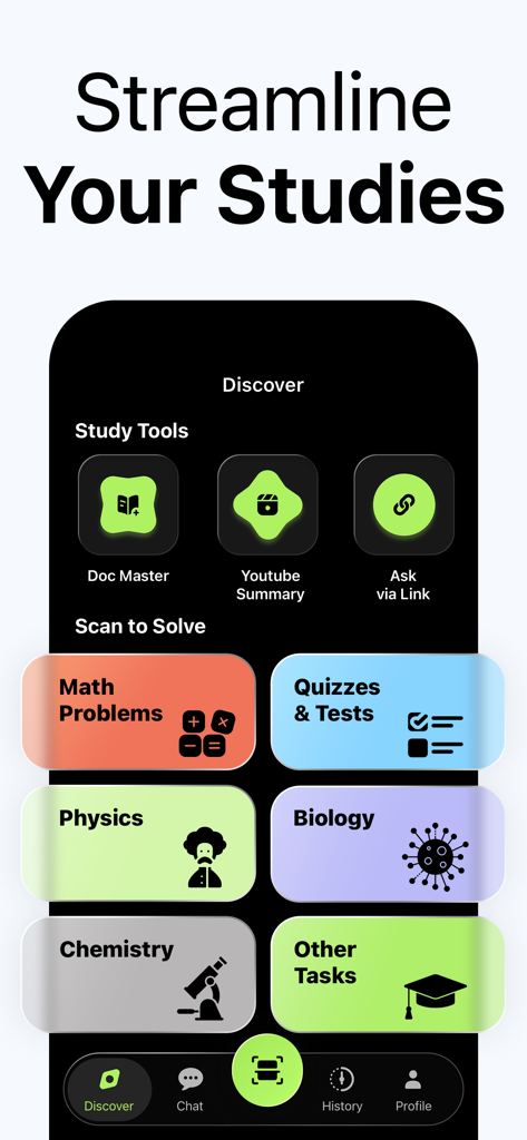 Solvo: AI Homework Helper - Interfaz de la aplicación Solvo AI mostrando herramientas de estudio de IA para matemáticas, física, biología, química y resumen de videos de YouTube.
