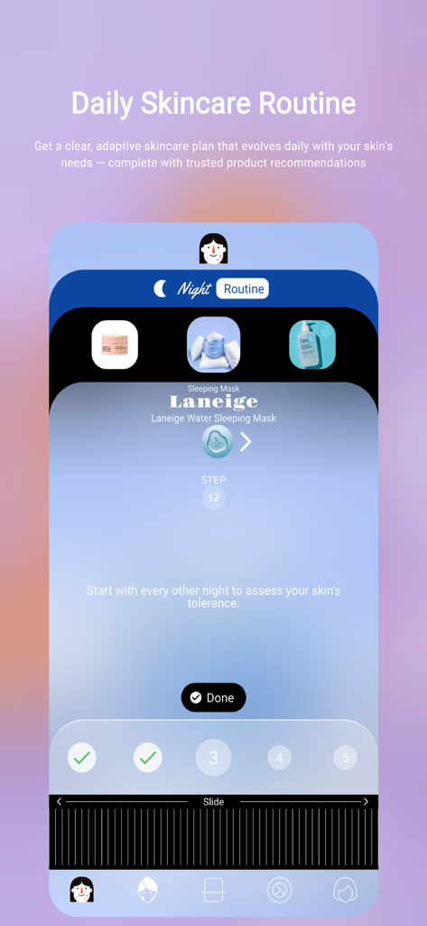 Oberfläche der Acnetic-App, die eine personalisierte Nacht-Hautpflegeroutine mit Schritt-für-Schritt-Anweisungen zur Produktanwendung zeigt.