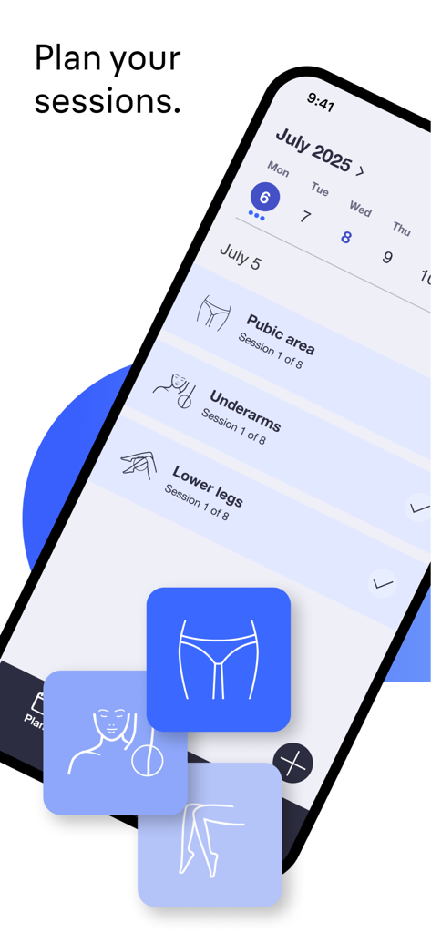 Braun IPL app - Interfaz de la app Braun IPL que muestra el calendario de tratamiento y el seguimiento de sesiones para diferentes áreas del cuerpo