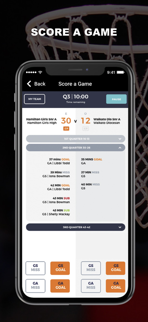 MyNetball Manager - Real-time netball game scoring interface in the MyNetball Manager app