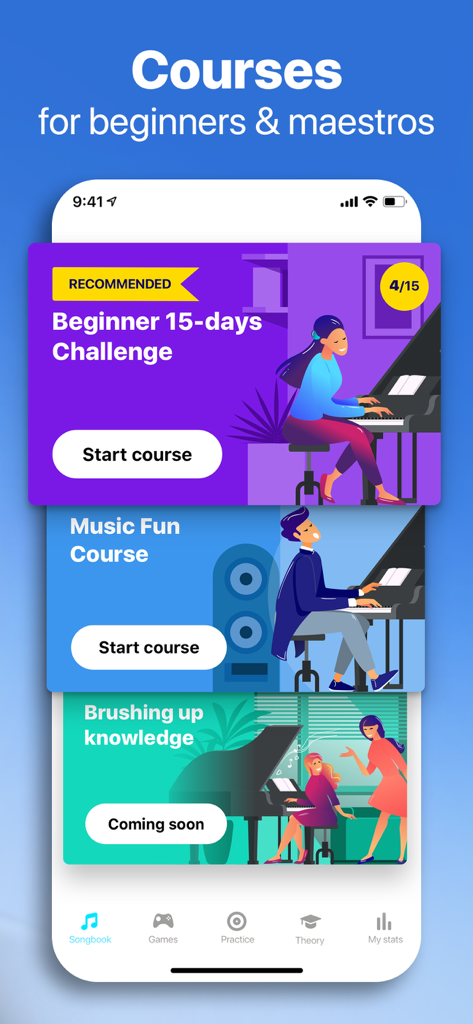 Hello Piano: Learn Pro Lessons - Schermata dell'app Hello Piano che mostra vari corsi di apprendimento del pianoforte, inclusa una sfida di quindici giorni per principianti