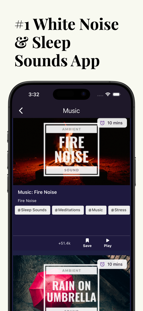 Rain Sleep Sounds & Meditation - Rain Sleep Sounds app screen showing ambient tracks like fire noise and rain on umbrella for relaxation