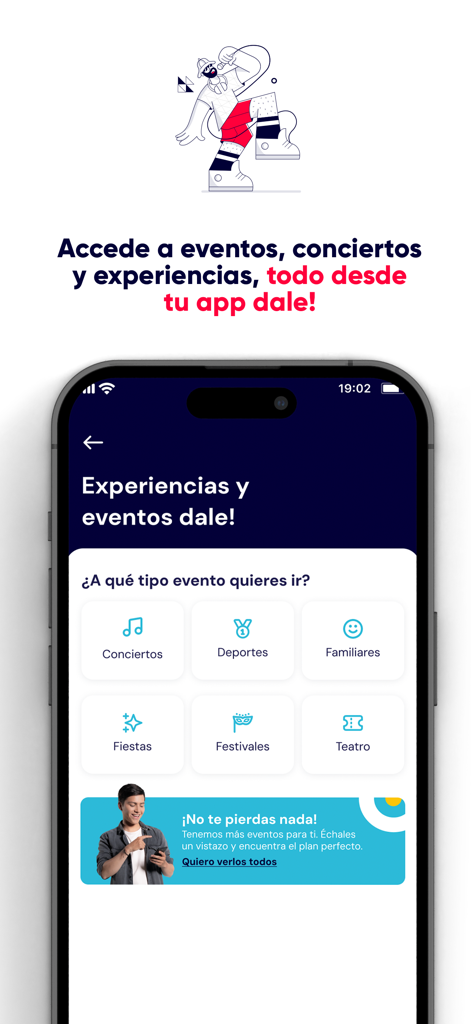 dale! Colombia - Interfaz de la app Dale Colombia mostrando una pantalla con categorías de eventos y experiencias como conciertos, deportes y festivales.