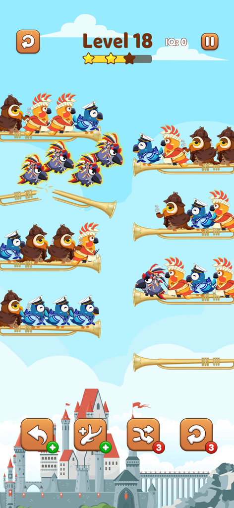 Bird Sort 2 Color Puzzle Game - Bird Sort 2 gameplay showing colorful birds on trumpet shaped branches in a casual puzzle level