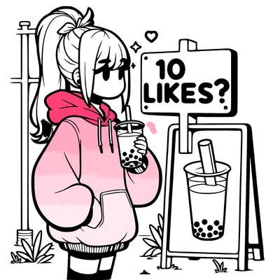 girl with oversized hoodie drinking boba and she has a high ponytail with a sign that says 10likes?