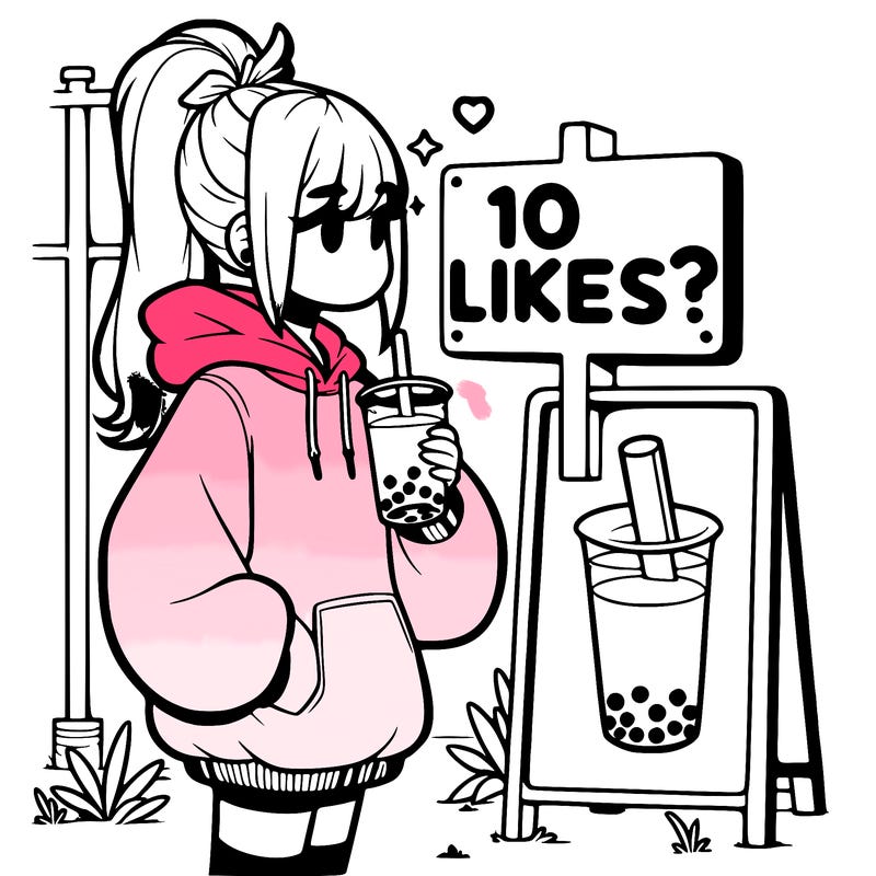 girl with oversized hoodie drinking boba and she has a high ponytail with a sign that says 10likes?