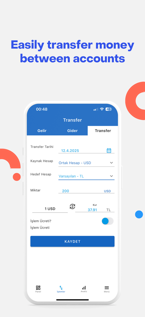 Mobile app screen showing the money transfer feature between different currency accounts.