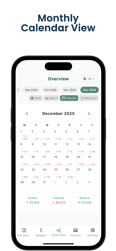 Money Manager: Daily Expenses - Visualização de calendário mensal no aplicativo Money Manager mostrando rastreamento de despesas e receitas diárias com totais mensais