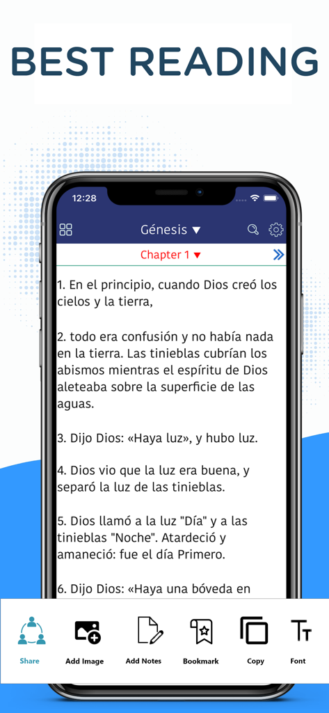 Smartphone screen showing the Biblia Dios Habla Hoy app interface with Genesis Chapter 1 text in Spanish and reading tools