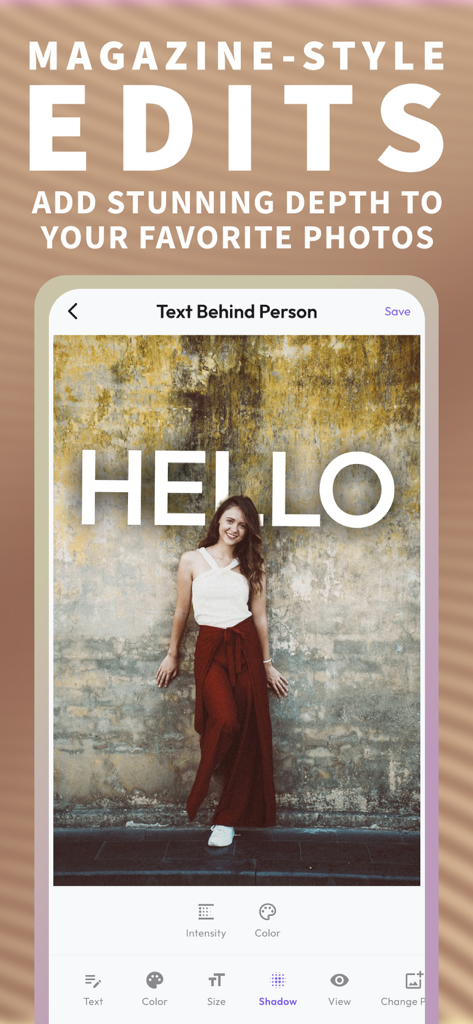A mobile app interface showcasing the magic text behind person feature with a 3D depth effect on a photo.