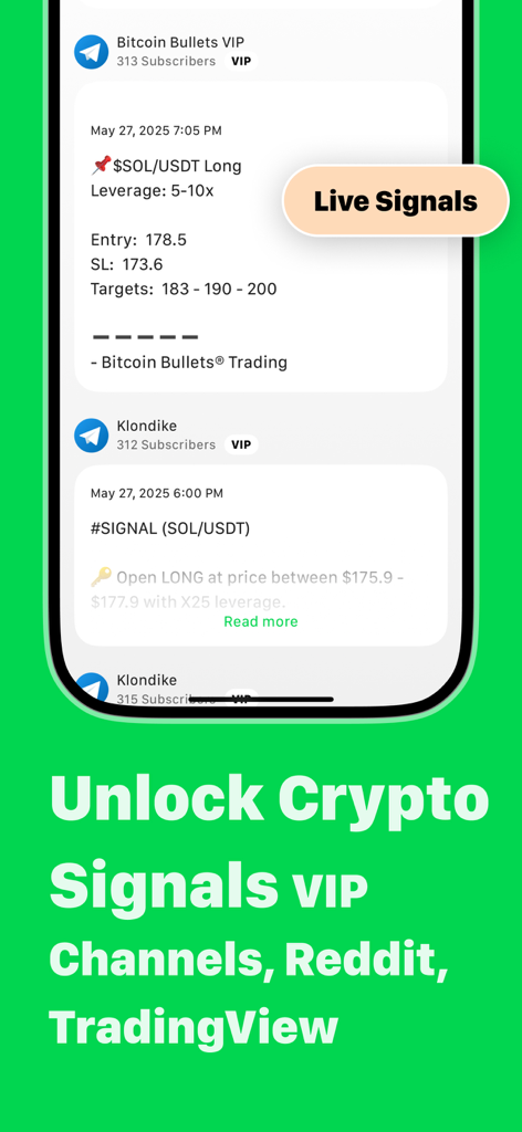 TradeGPT app interface showing live crypto trading signals from VIP channels.