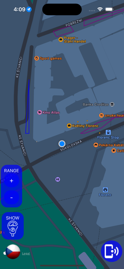 Park Prague - Interfaccia dell'app Park Prague che mostra una mappa con nomi di strade e controlli di navigazione della zona di parcheggio