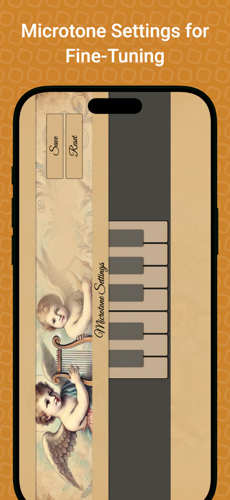 Harp Sim - Harp Sim microtone settings screen with classical cherub artwork