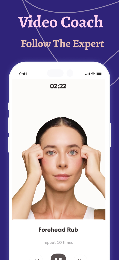FaceLift app video coach demonstrating a forehead rub exercise