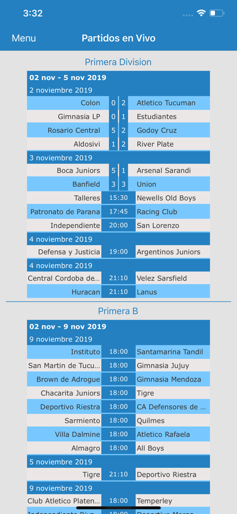Futbol Argentino en vivo - Une liste de scores de football en direct et de programmes de matchs à venir pour la Primera División argentine et la Primera B.