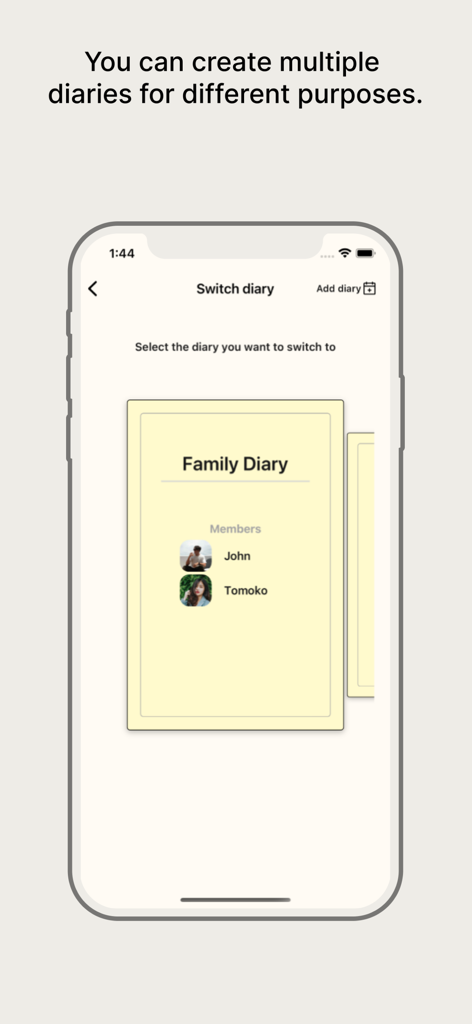 Dish Diary: Connect with Food - Dish Diaryアプリのインターフェース、Family Diaryなどの複数のフードダイアリーを切り替えるオプションを表示