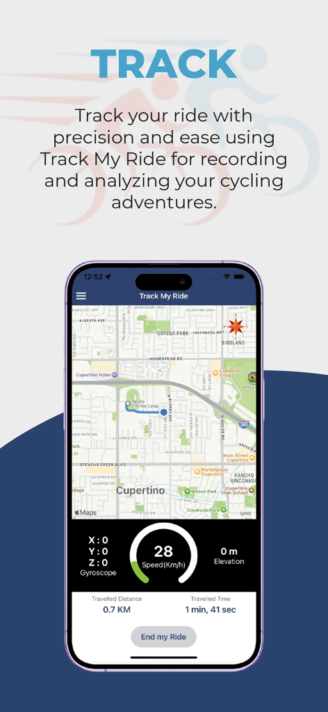 Interface de l'application Bike Mates montrant le suivi de sortie en direct avec carte et vitesse