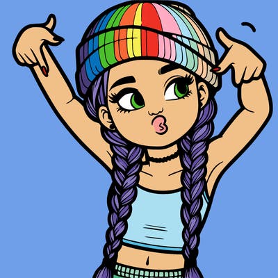 realistic teenage girl with braids and a beanie and crop top doing 🫶🏼