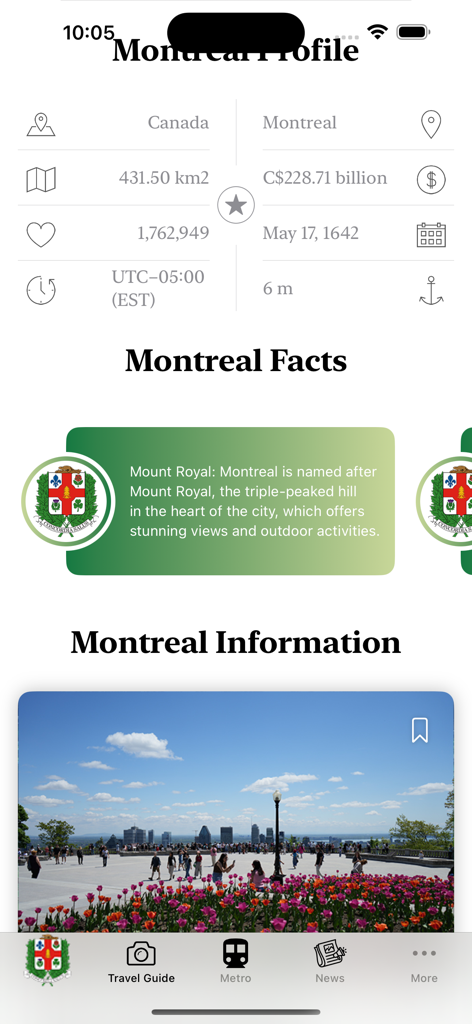 몬트리올 가이드 앱 인터페이스로, 도시 프로필 통계와 몽 로열에 대한 정보를 보여줍니다.