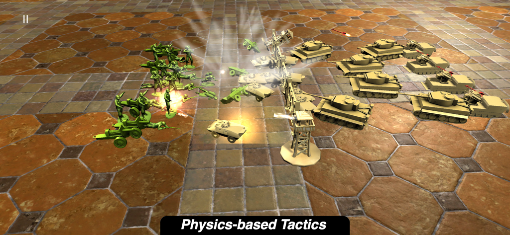 Army Men Battle Simulator - Green and tan plastic toy soldiers and tanks engaged in a physics based battle simulation on a tiled floor.