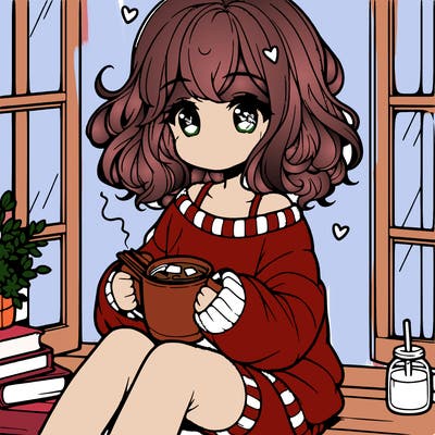 cute anime girl reading book and drinking hot chocolate from mug with loose wavy hair wearing a baggy sweatshirt and shorts sitting by windowsill looking out