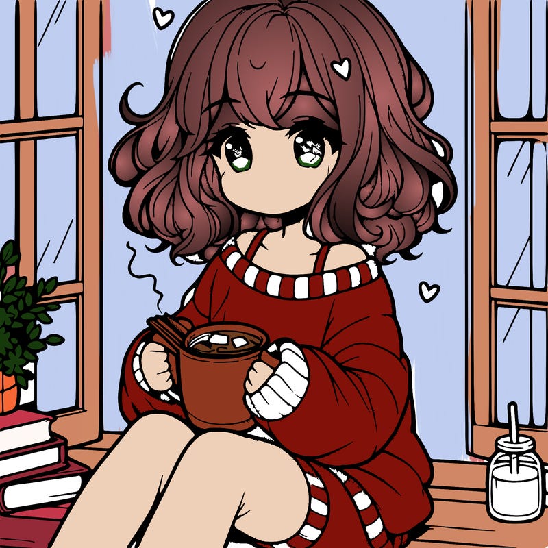 cute anime girl reading book and drinking hot chocolate from mug with loose wavy hair wearing a baggy sweatshirt and shorts sitting by windowsill looking out
