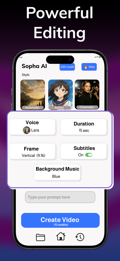 AI Video Maker: Vido - Mobile app interface of Vido AI video maker showing powerful editing options for voice duration and visual style