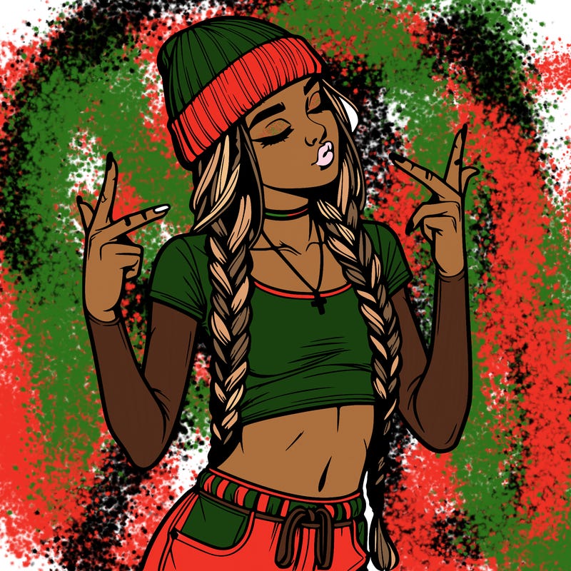 realistic teenage girl with braids and a beanie and crop top doing 🫶🏼