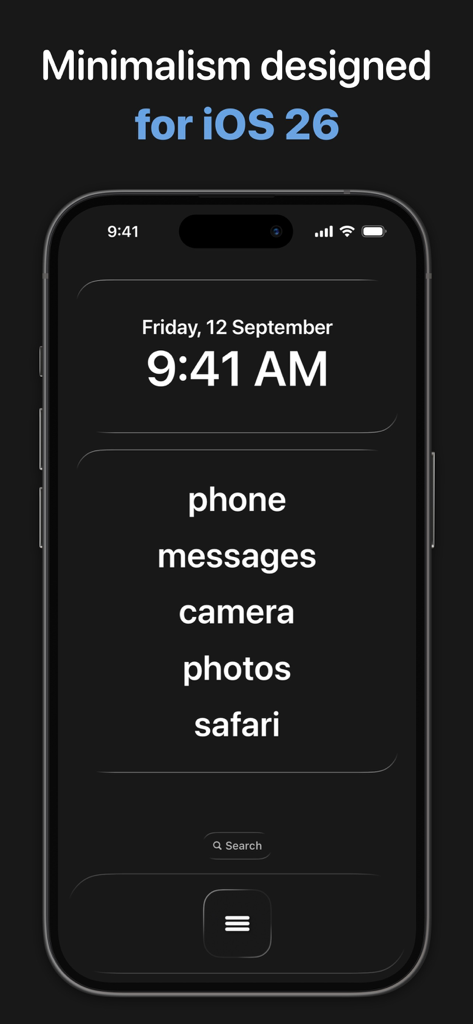 Dumb Phone minimalist launcher for iPhone showing a dark interface with text based app shortcuts and a digital clock