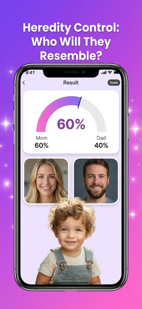 Interface do aplicativo Baby Generator AI mostrando um controle de hereditariedade e um bebê futuro gerado com base nas fotos dos pais.