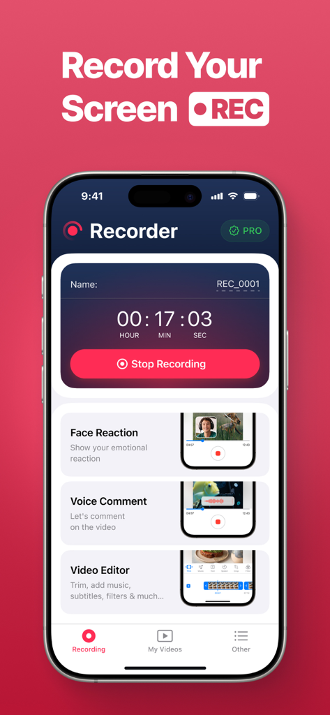 Screen recorder - video - Interfaz de la aplicación de grabación de pantalla móvil que muestra el temporizador de grabación activo y funciones creativas como la reacción facial y el editor de vídeo