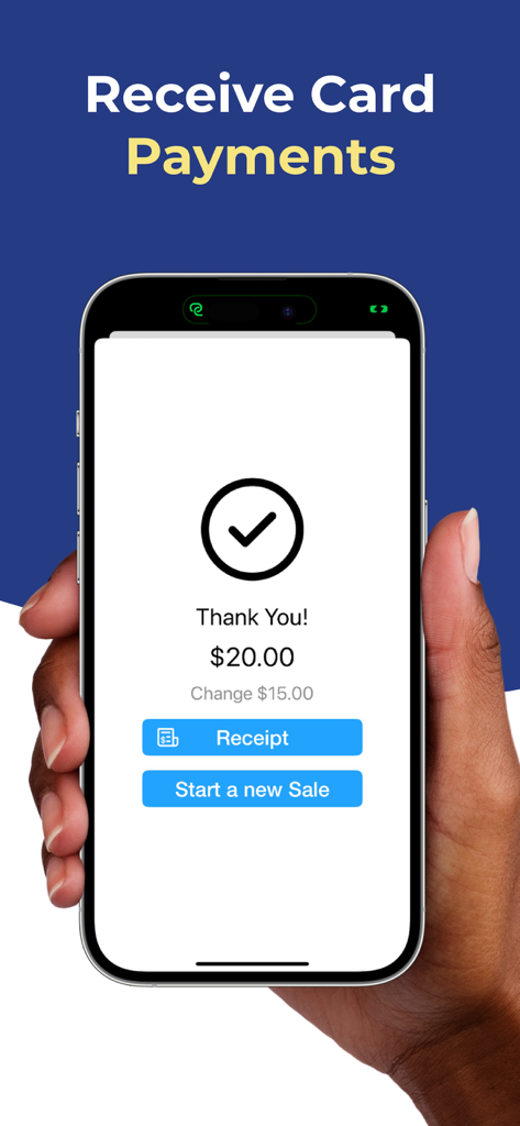 POS Simple- Tap to Pay Receipt - A smartphone screen displaying a successful payment confirmation of 20 dollars with options to view a receipt or start a new sale.