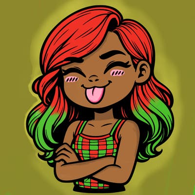 realistic girl crossing her arms and wearing a tank top with her tongue held out she has long hair