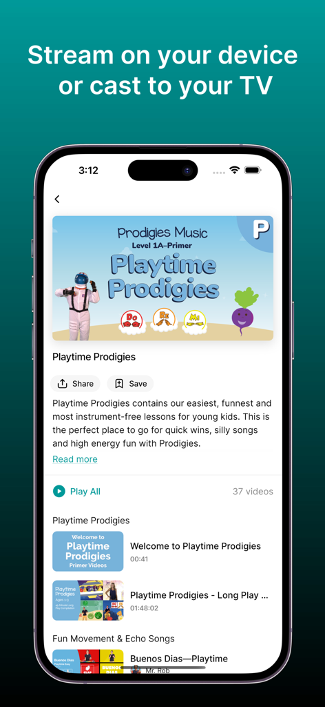 Prodigies - Prodigies music app showing the Playtime Prodigies lesson playlist for kids on a smartphone screen.