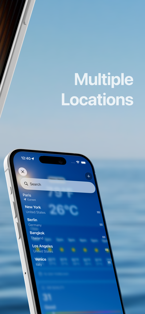 iPhone screen displaying the Unit Weather app list with weather for multiple global cities like Paris and New York