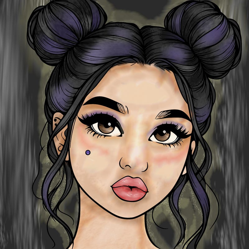 realistic girl with two buns on her hair and lips