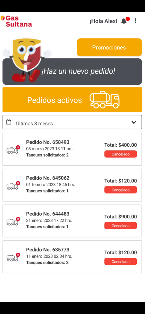 Pedidos Gas Sultana - Order history screen in the Pedidos Gas Sultana mobile app showing past gas refill requests