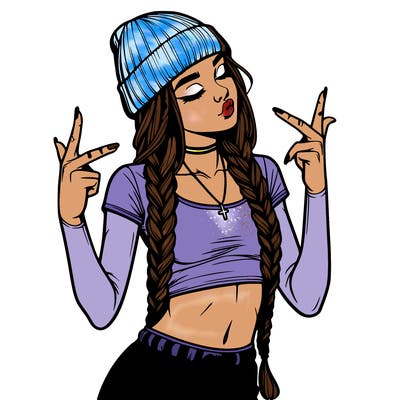 realistic teenage girl with braids and a beanie and crop top doing 🫶🏼