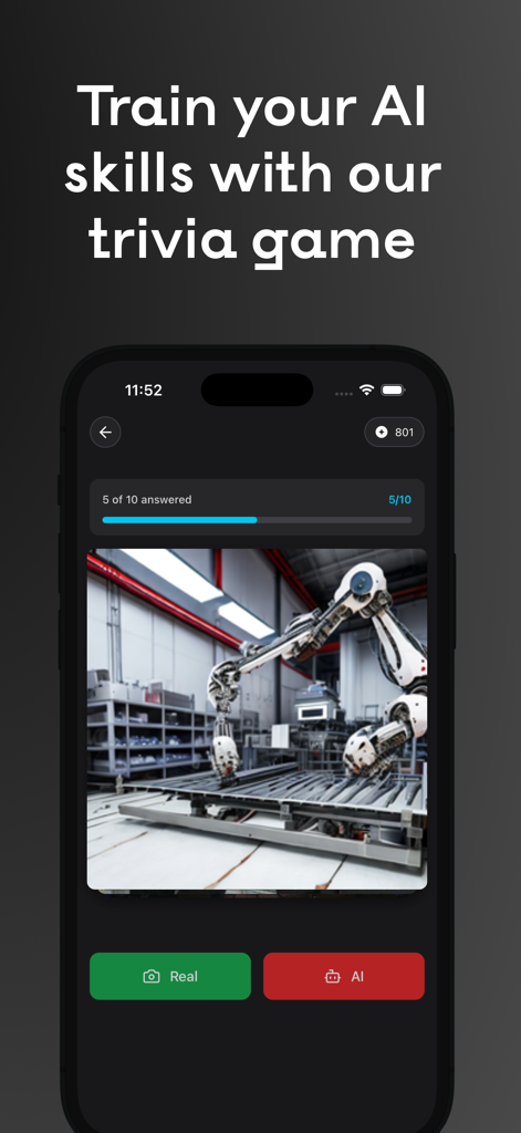 A mobile app screen showing a trivia game where users select if a robotic arm image is real or AI-generated to train their detection skills.