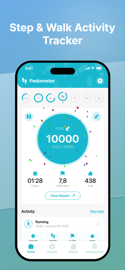 Step Counter App-Oberfläche, die zehntausend erreichte Schritte mit täglicher Kalorien- und Distanzverfolgung zeigt