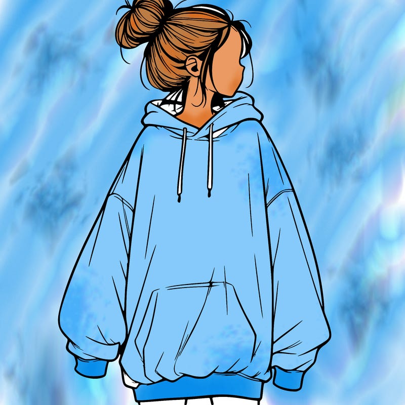 realistic girl with a oversized sweatshirt on and a bun