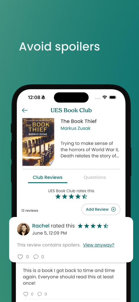 Storyline – Book Club App - Uma captura de tela do aplicativo Storyline mostrando uma resenha de livro para The Book Thief com um aviso de spoiler.