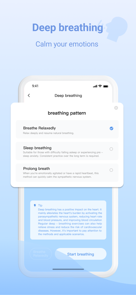Heart Guardian app screen showing deep breathing exercises and breathing patterns for stress relief
