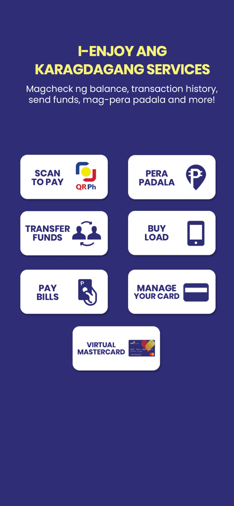 Uma tela do aplicativo HelloPag-IBIG mostrando vários serviços financeiros como Scan to Pay, Transferir Fundos, Comprar Crédito e Pagar Contas.