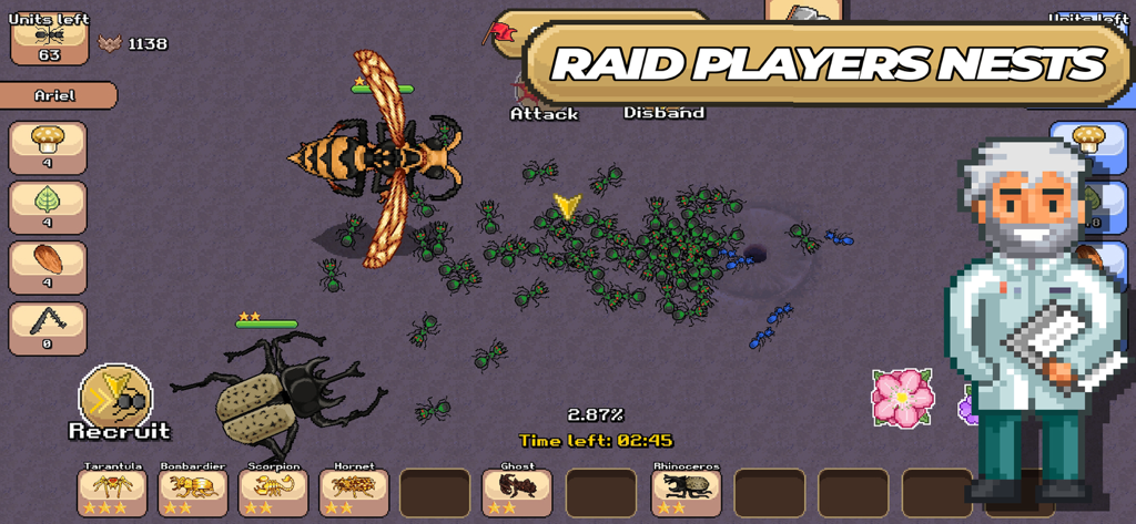 Pocket Ants gameplay showing a swarm of ants raiding a player nest with a beetle and hornet